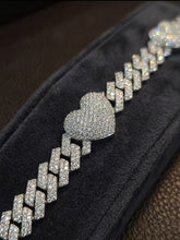Load image into Gallery viewer, Moissanite Heart Cuban Link Bracelet in Sterling Silver