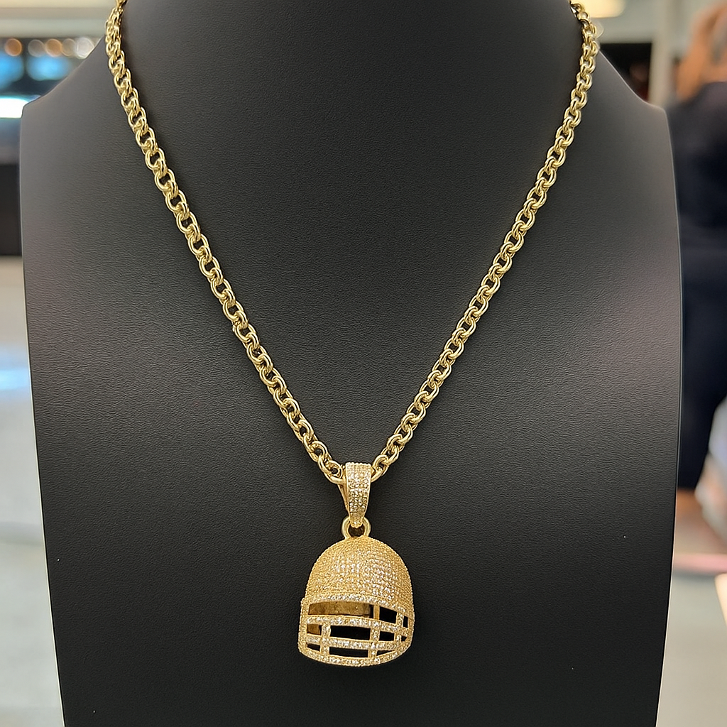 Football Helmet Amulet & Chinese Link Chain Set