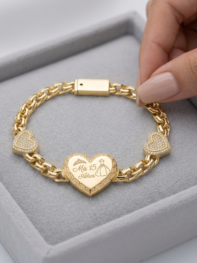 Lui Charon ゴールドブレスレット Real 10K Gold Mis 15 Años Heart Link Bracelet - Quinceañera Fine