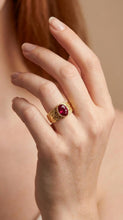 Load image into Gallery viewer, 10K Yellow Gold Men's Statement Ring with Oval Crimson Red Zirconia – Textured Artisan Band