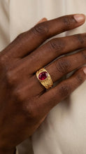 Load image into Gallery viewer, 10K Yellow Gold Men's Statement Ring with Oval Crimson Red Zirconia – Textured Artisan Band