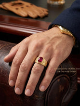 Load image into Gallery viewer, 10K Yellow Gold Men's Statement Ring with Oval Crimson Red Zirconia – Textured Artisan Band