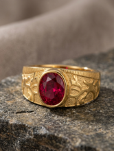 Load image into Gallery viewer, 10K Yellow Gold Men's Statement Ring with Oval Crimson Red Zirconia – Textured Artisan Band