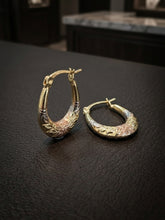 Load image into Gallery viewer, 14 K GOLD TRI-COLOR FLORAL HOOP EARRINGS