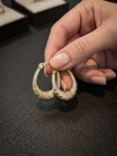 Load image into Gallery viewer, 14 K GOLD TRI-COLOR FLORAL HOOP EARRINGS