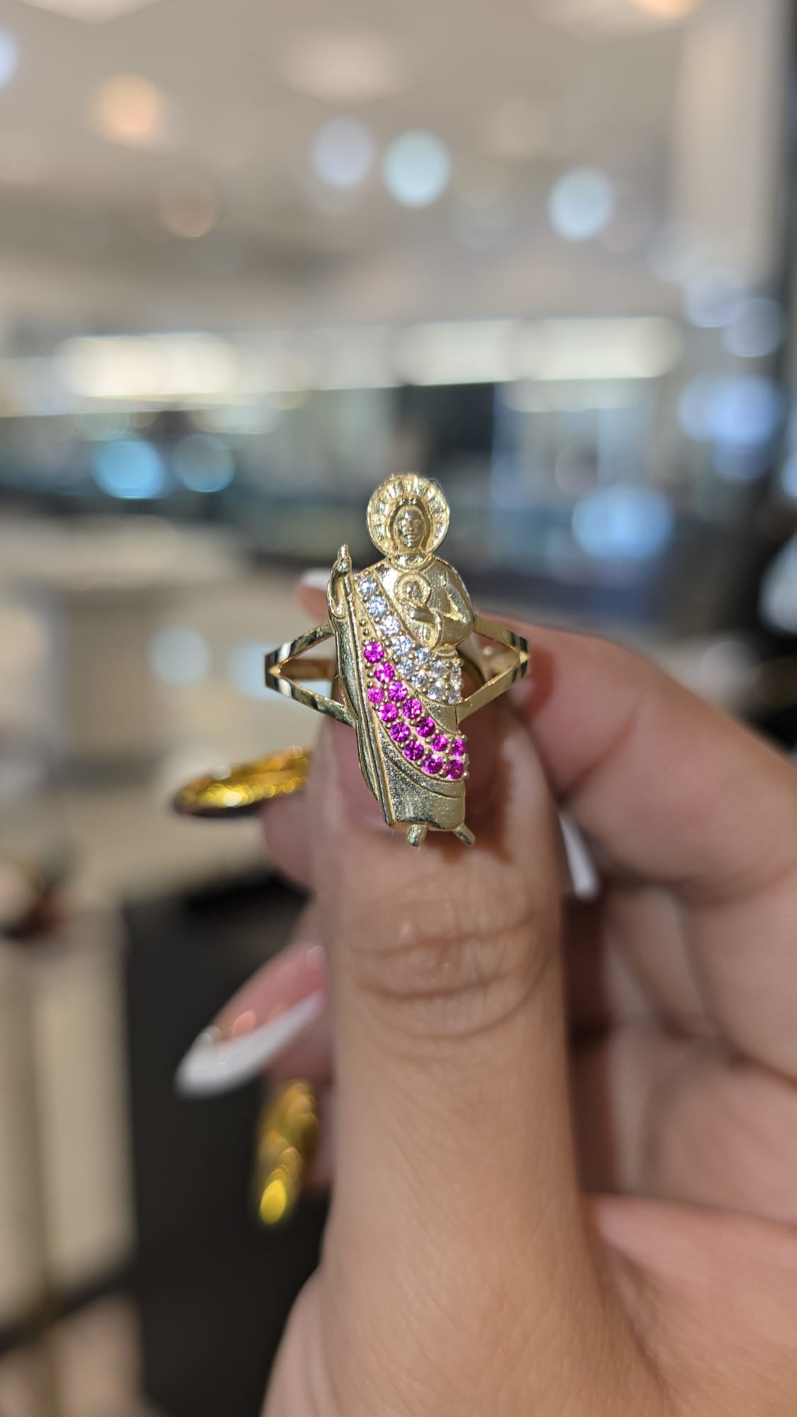 10K Gold San Judas ring with Pink Stones