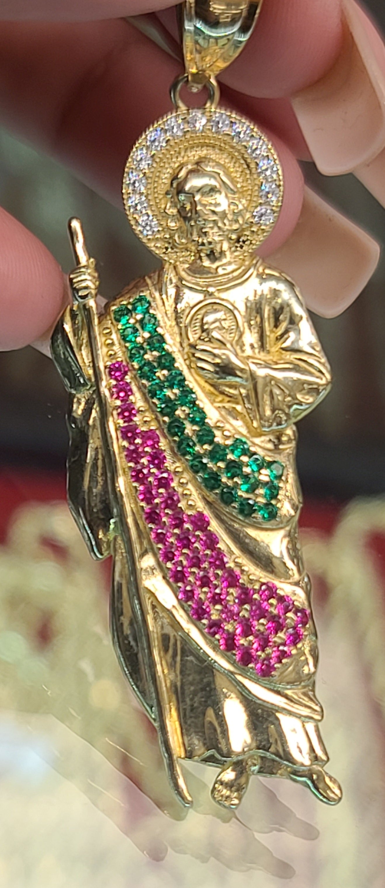 10k Yellow Gold San Judas Pendant with Colored CZ's