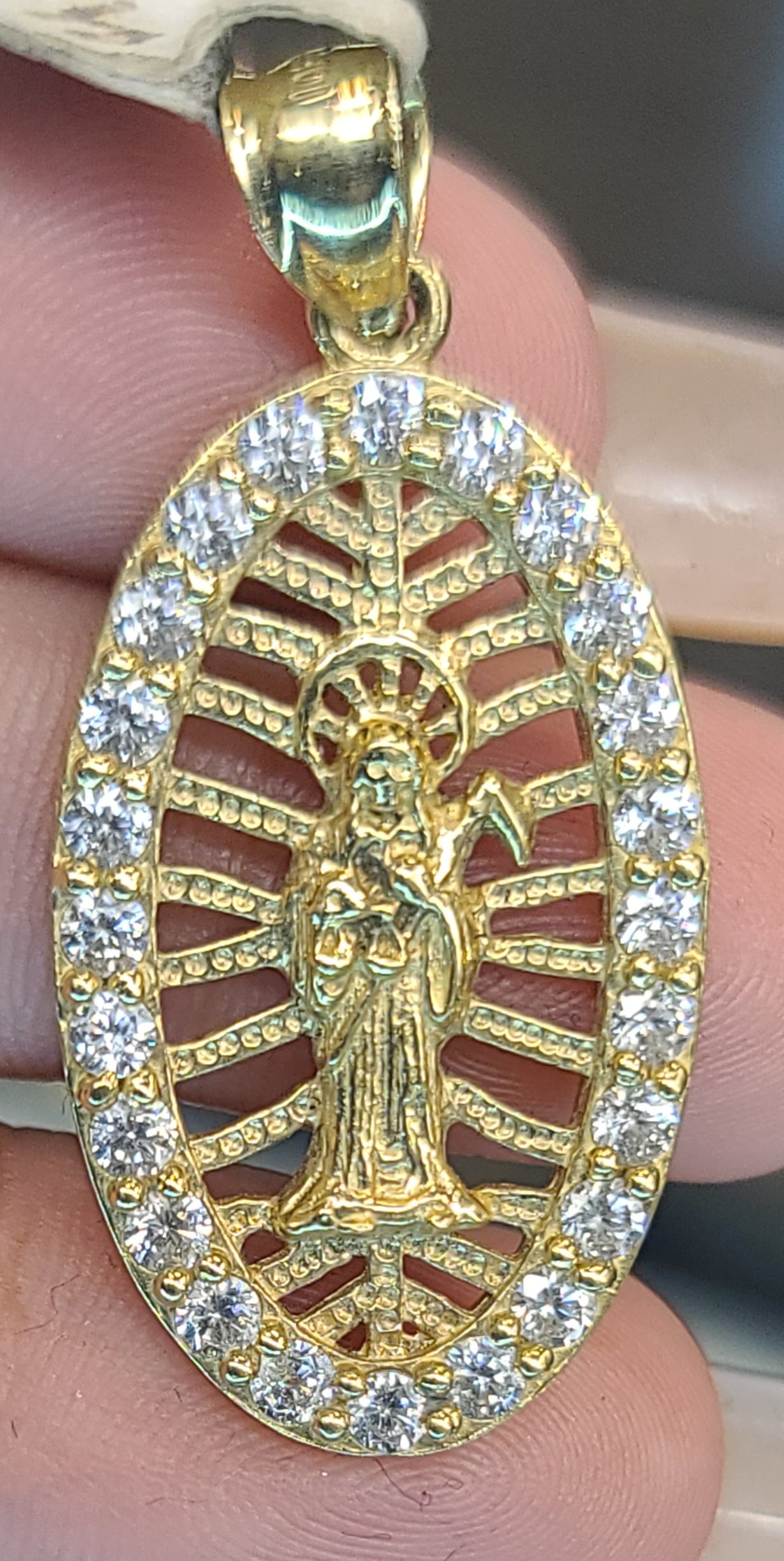 Yellow Gold Santa Muerte Oval Pendent with CZs