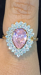 Yellow Gold Tear Drop Ring with Pink Stone and CZs