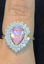 Load image into Gallery viewer, Yellow Gold Tear Drop Ring with Pink Stone and CZs
