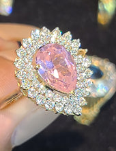Load image into Gallery viewer, Yellow Gold Tear Drop Ring with Pink Stone and CZs