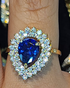 Yellow Gold Tear Drop Ring with Blue Stone and CZs