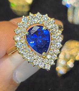Yellow Gold Tear Drop Ring with Blue Stone and CZs