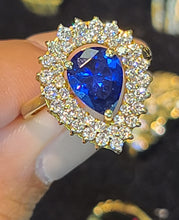 Load image into Gallery viewer, Yellow Gold Tear Drop Ring with Blue Stone and CZs