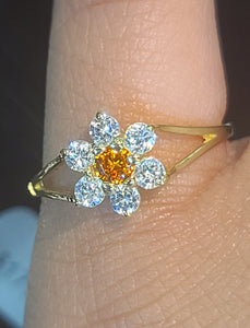 Yellow Gold Daisy Ring with Orange Stone