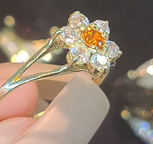 Yellow Gold Daisy Ring with Orange Stone