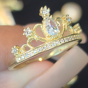 Yellow Gold Princess Crown Ring with CZs