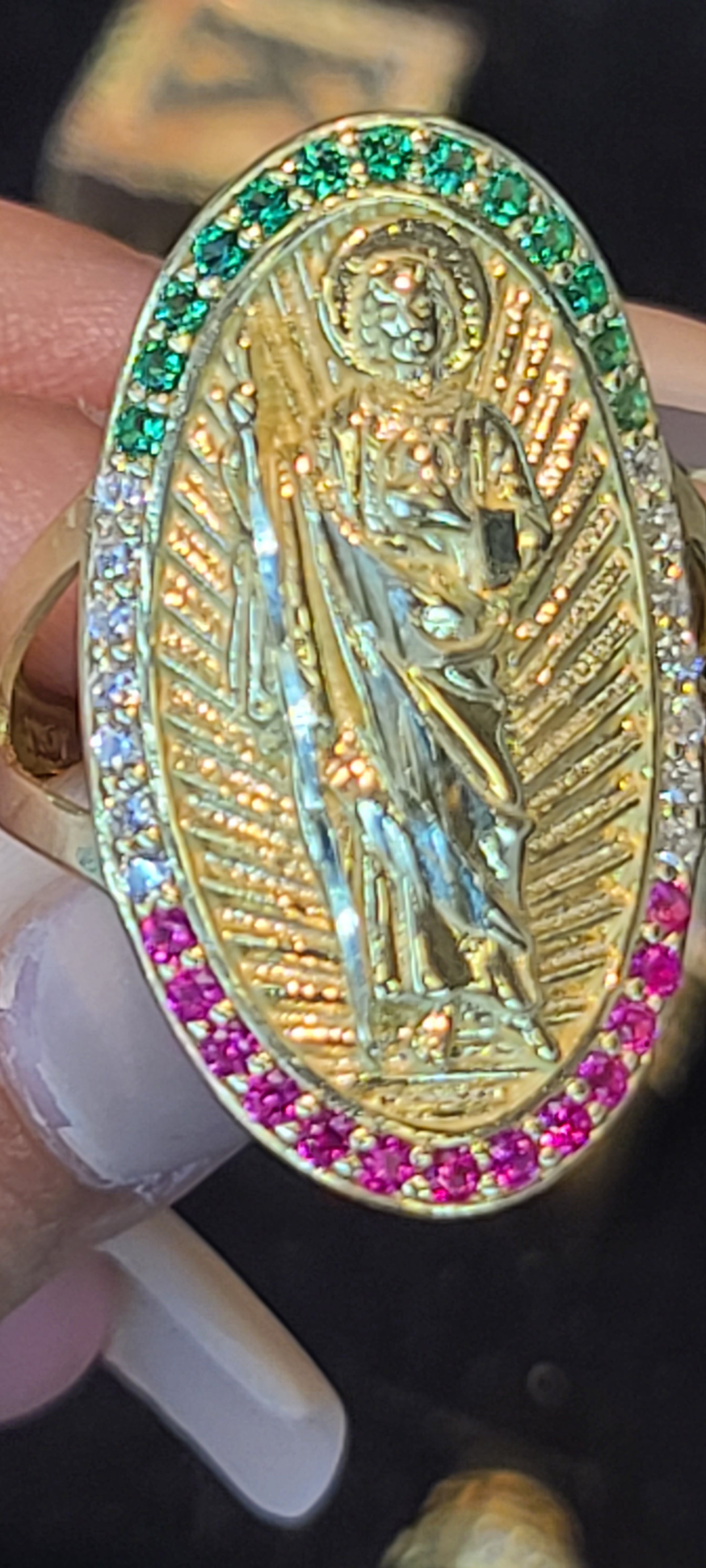Yellow Gold San Judas Ring with CZs