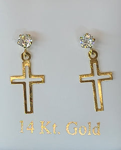 14k Yellow Gold Cross Earrings with CZs