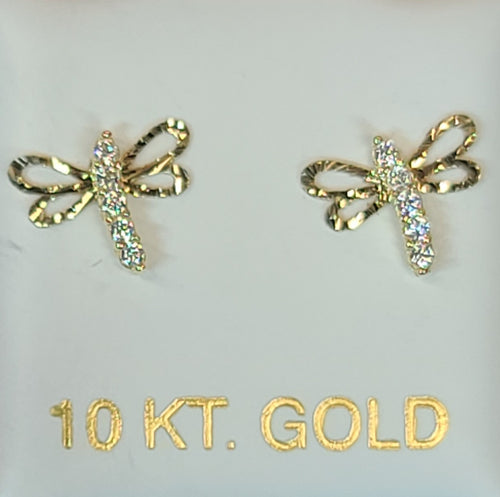 10k Yellow Gold Dragonfly Earrings with CZs