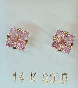 14k Yellow Gold Square Earrings with Pink Stone