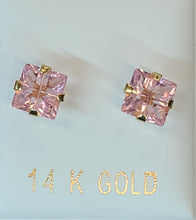 Load image into Gallery viewer, 14k Yellow Gold Square Earrings with Pink Stone