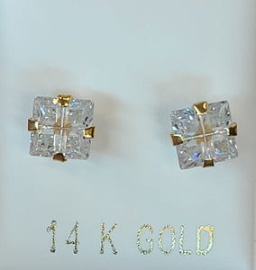 14k Yellow Gold Square Earrings with Reflective Stone