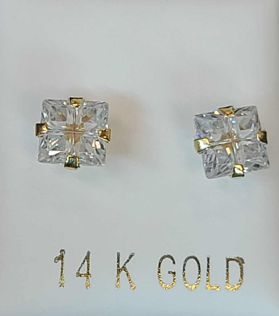★VINTAGE HOLLYWOOD★ [14K Gold] Classic Square Stone Earrin 14k Yellow Gold Square Earrings with Reflective Stone