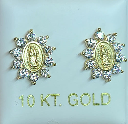 10k Yellow Gold Virgen De Guadalupe Earrings with CZs