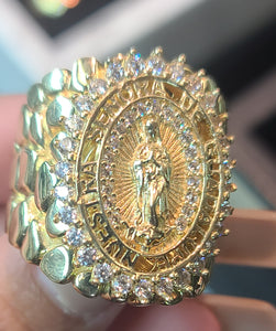 Yellow Gold Textured Ring With Virgin De Guadalupe