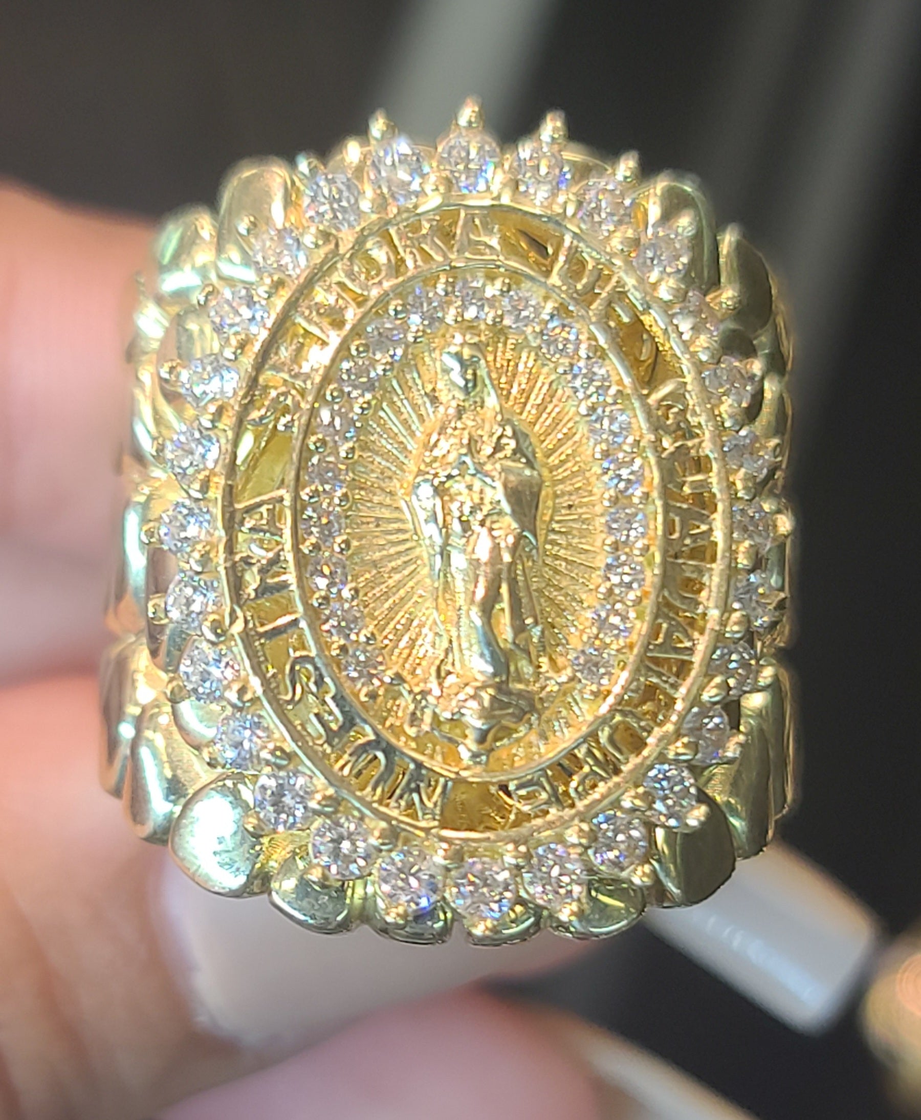 Yellow Gold Textured Ring With Virgin De Guadalupe