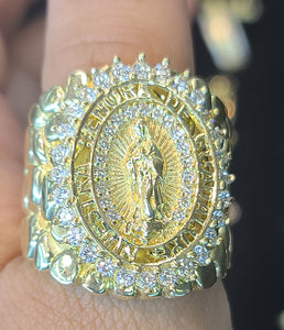 Yellow Gold Textured Ring With Virgin De Guadalupe