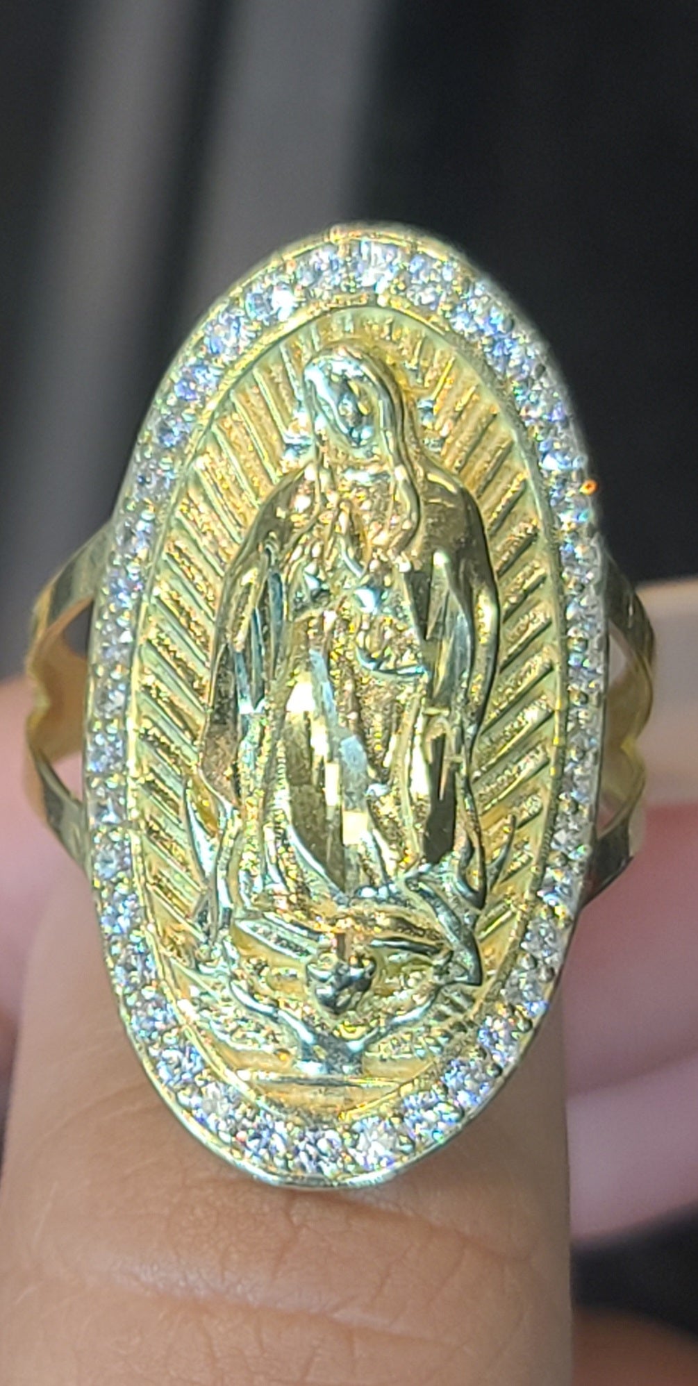 Yellow Gold Virgen De Guadalupe Ring with CZs