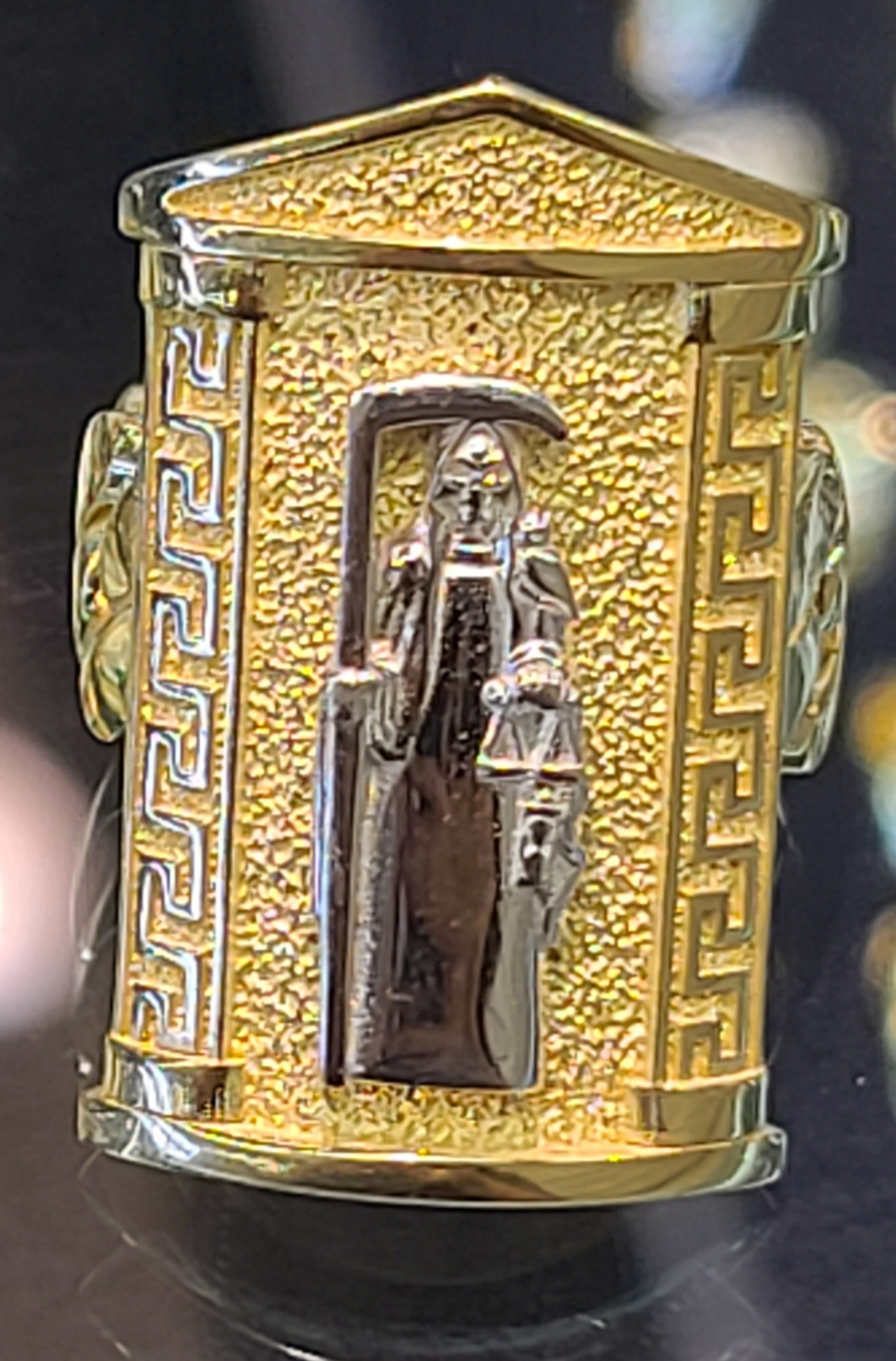 10k Yellow Gold Greek Men Ring With San Muerte