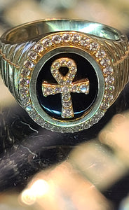 10k Yellow Gold Ring with Ankh Design and CZs
