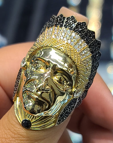 10k Yellow Gold Ring With Indian Face and CZs