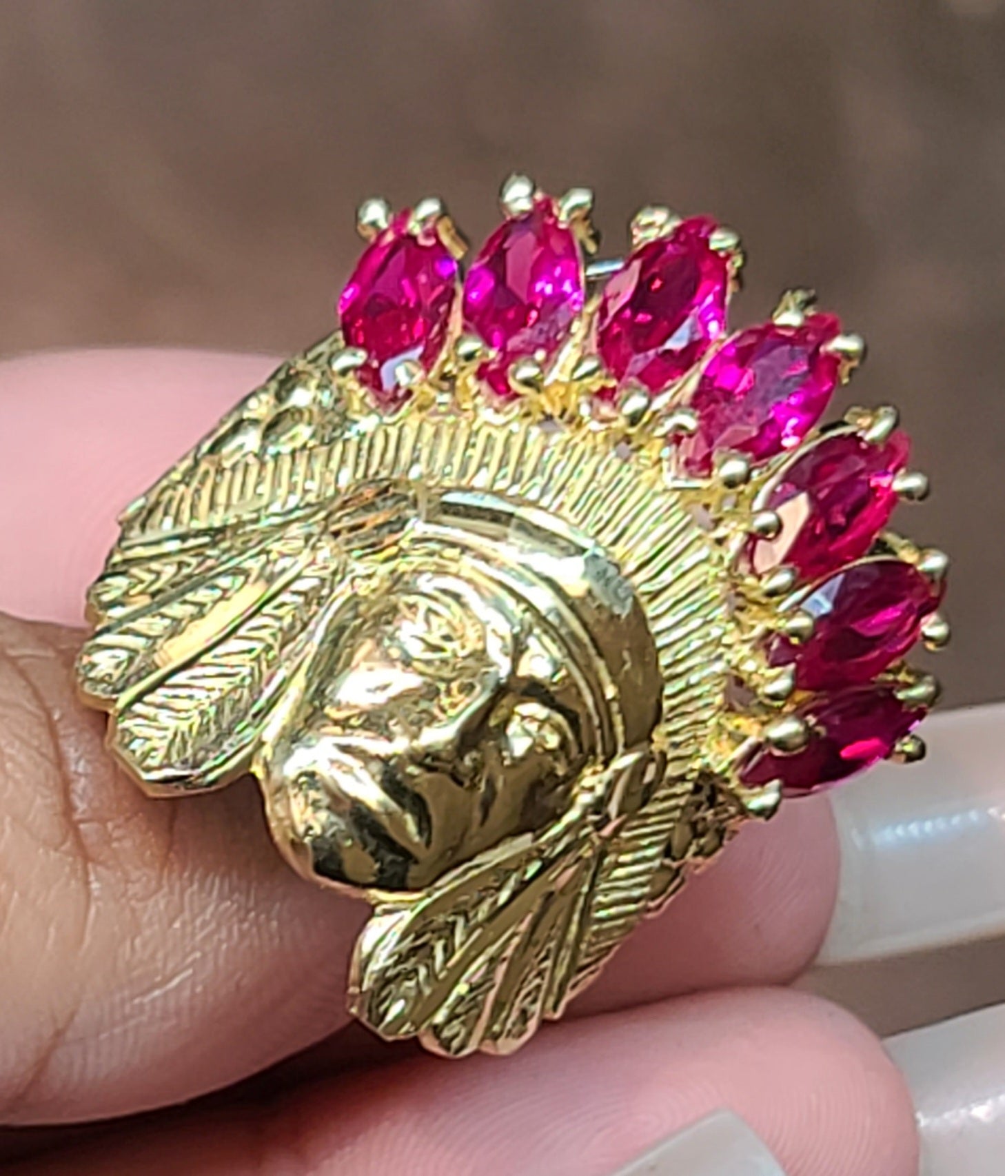 10k Yellow Gold Native American Face Ring With Pink Stones