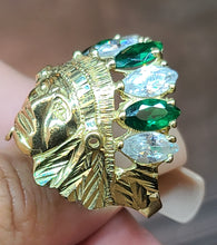 Load image into Gallery viewer, 10k Yellow Gold Native American Face Ring With Green and White Stones