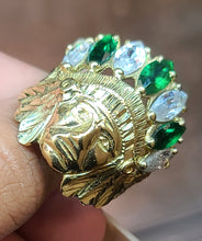 Load image into Gallery viewer, 10k Yellow Gold Native American Face Ring With Green and White Stones