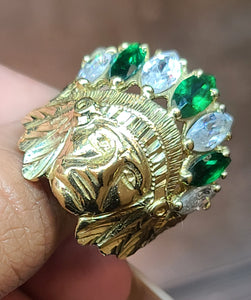 10k Yellow Gold Native American Face Ring With Green and White Stones