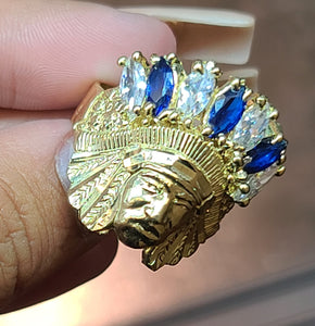 10k Yellow Gold Native American Face Ring With Blue and White Stones