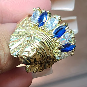 10k Yellow Gold Native American Face Ring With Blue and White Stones