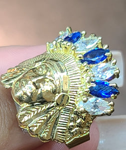 10k Yellow Gold Native American Face Ring With Blue and White Stones