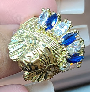 10k Yellow Gold Native American Face Ring With Blue and White Stones