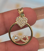 Load image into Gallery viewer, Yellow Gold Circle Pendant with Heart, Infinity Sign and CZS