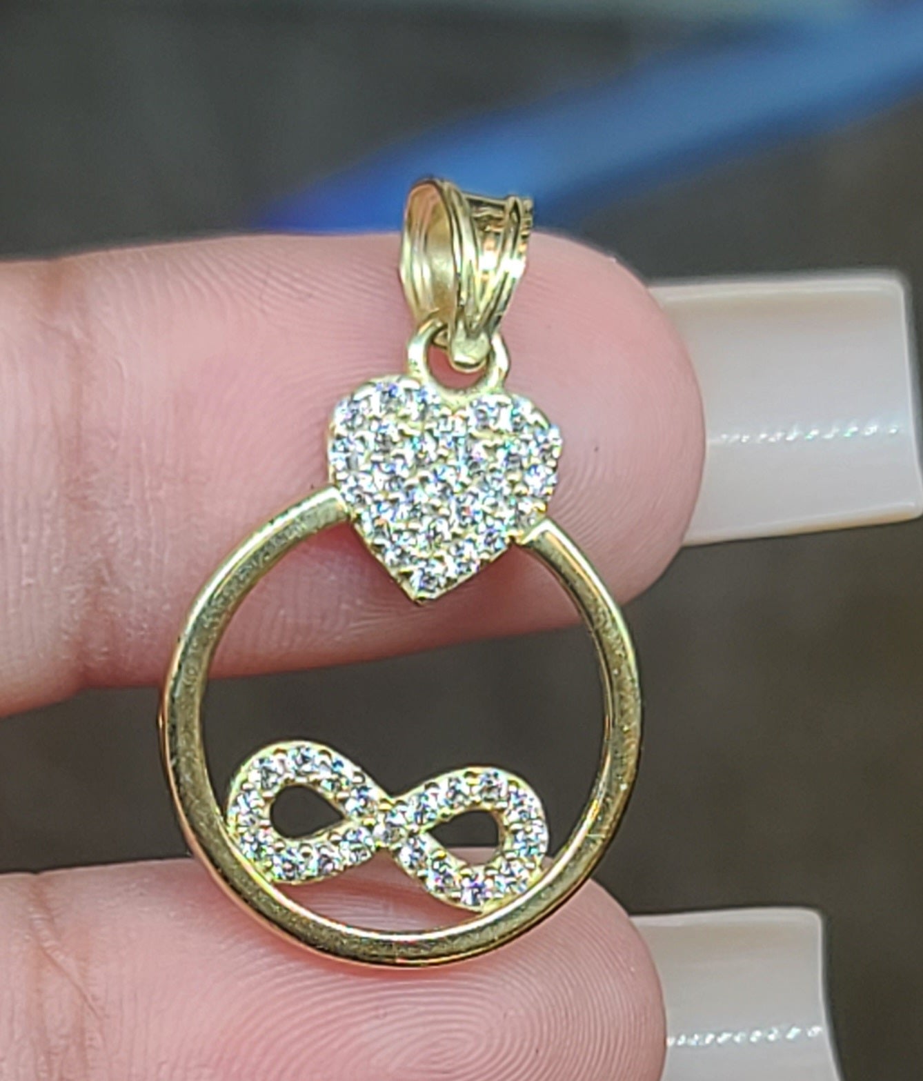 Yellow Gold Circle Pendant with Heart, Infinity Sign and CZS