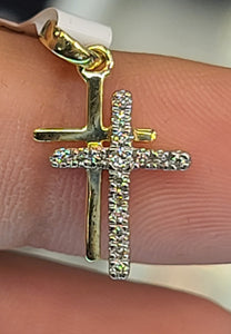 Yellow Gold Double  Cross Pendant with CZs