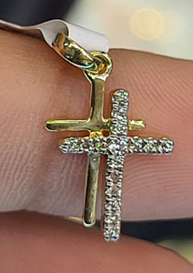Yellow Gold Double  Cross Pendant with CZs