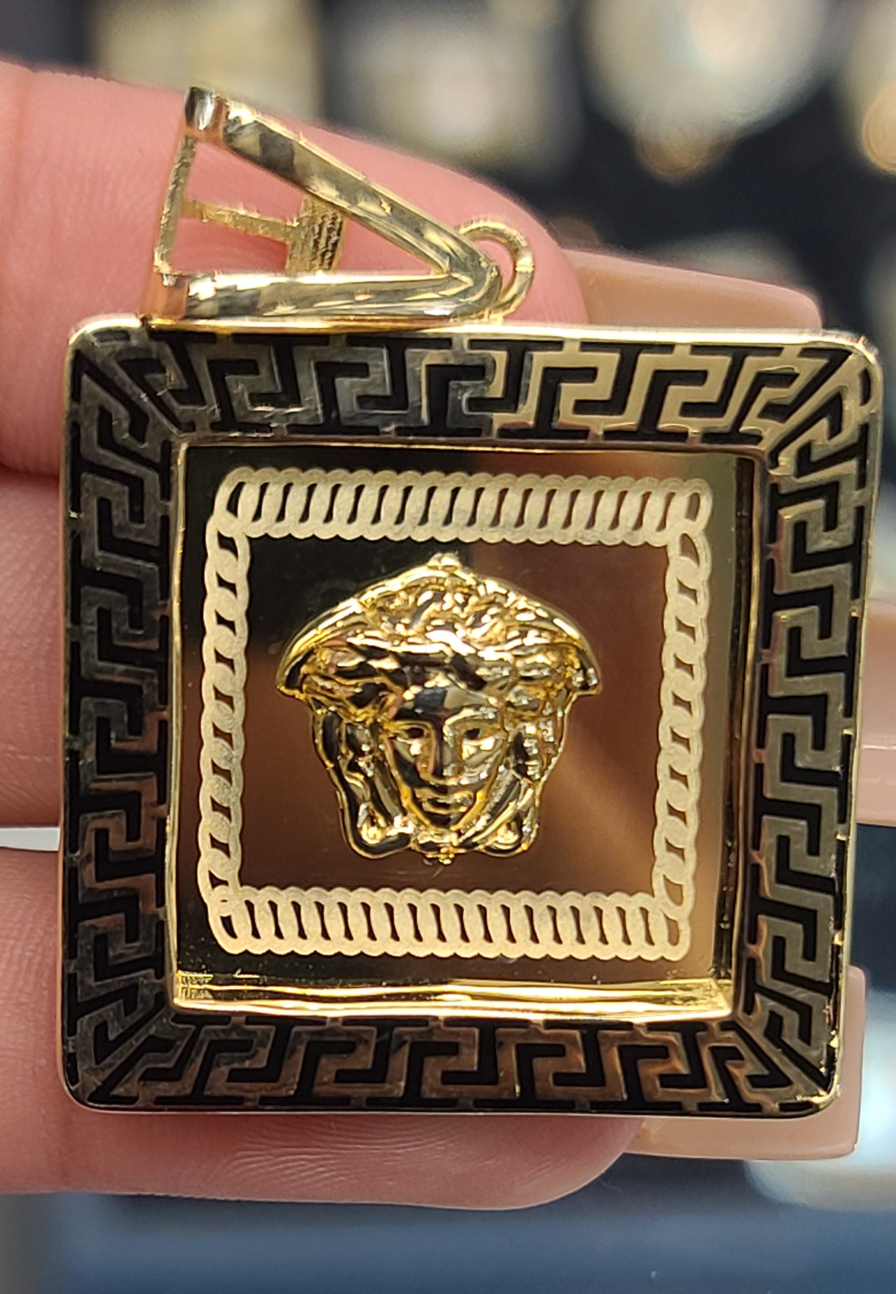 Yellow Gold Square Pendant With Medusa Face