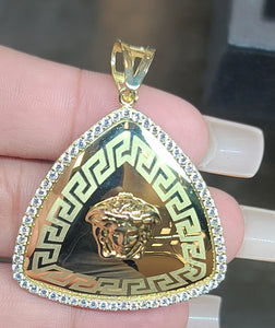 Yellow Gold Triangular Pendant with Medusa Face and CZs